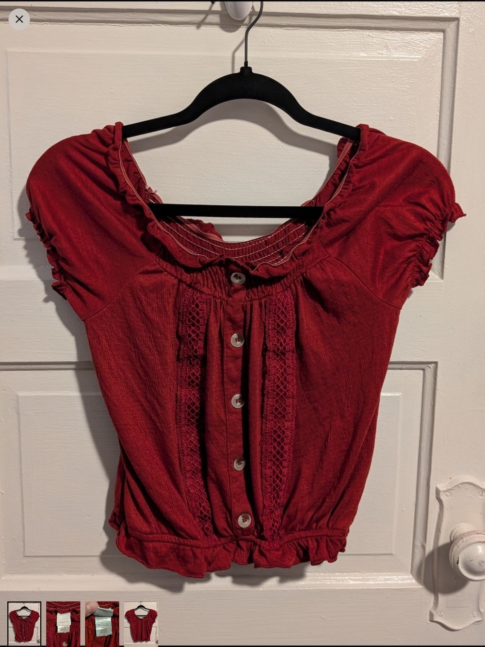 Coquette Cinched Waist Crimson Red Short Sleeve False Button Front Crop Top